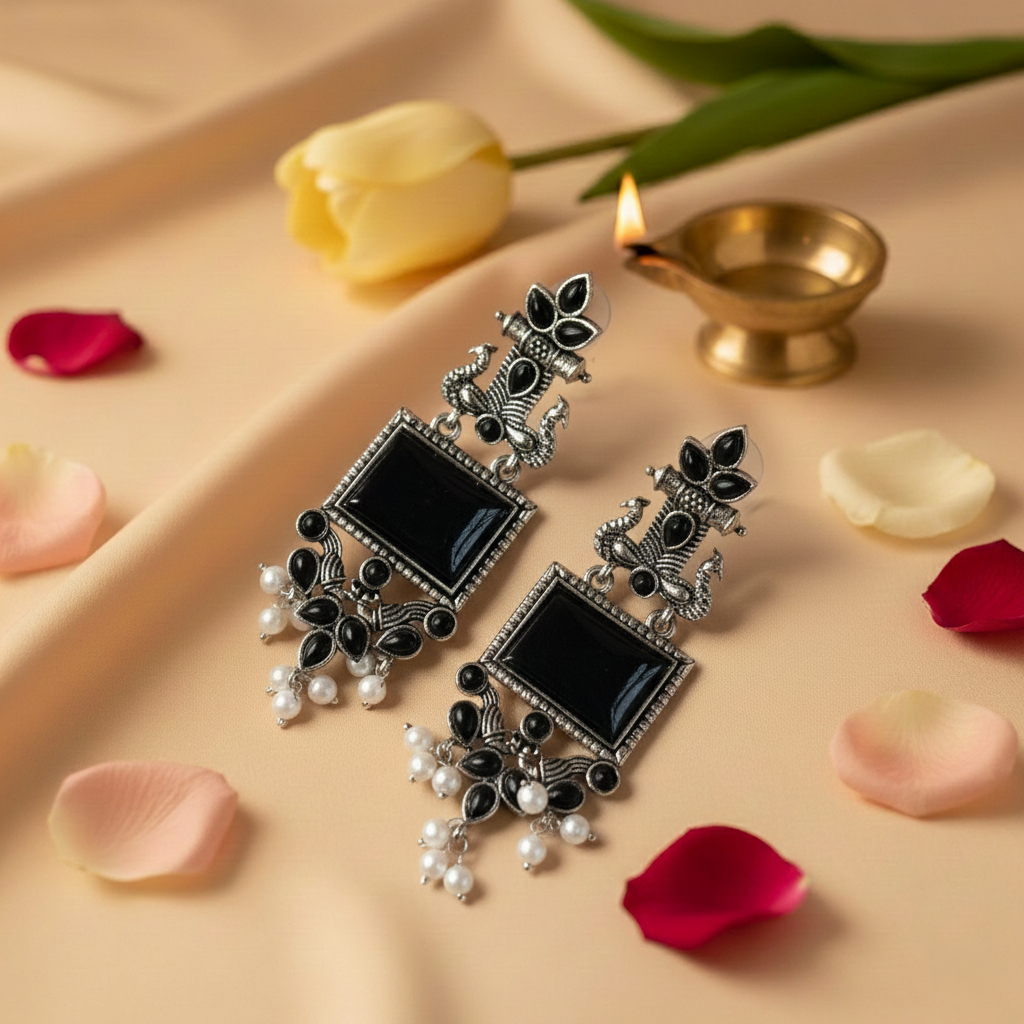Oxidized Silver Peacock Dangler Earrings with Black Stone & Pearl Drops – Ethnic Party Wear Jewelry for Women