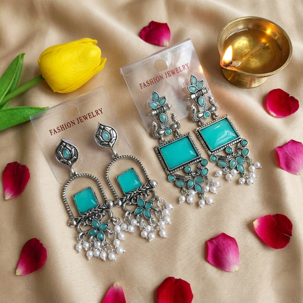 Combo of Oxidized Silver Peacock Dangler & Square Dangler Earrings – Rama Stone Set