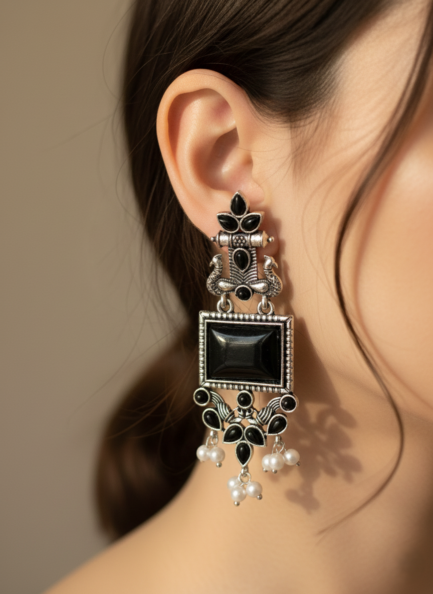 Oxidized Silver Peacock Dangler Earrings with Black Stone & Pearl Drops – Ethnic Party Wear Jewelry for Women
