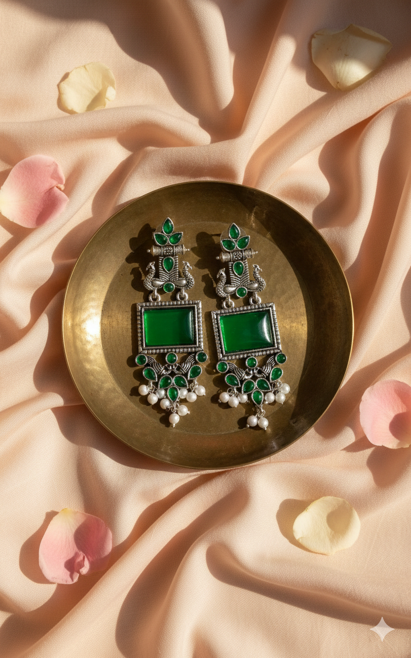 Combo of Oxidized Silver Peacock Dangler Earrings – Green Stone & Black Stone Set