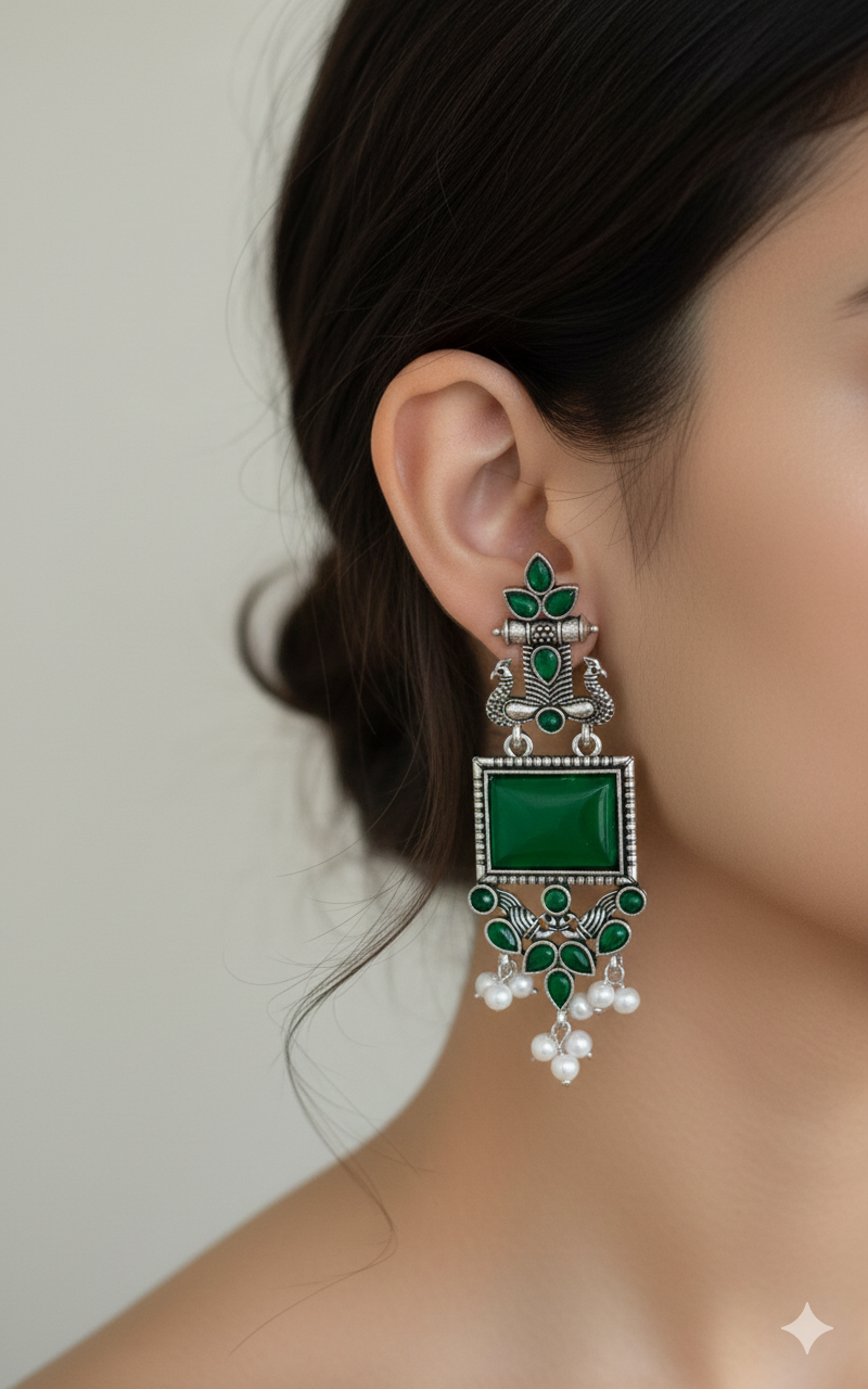 Combo of Oxidized Silver Peacock Dangler Earrings – Green Stone & Black Stone Set