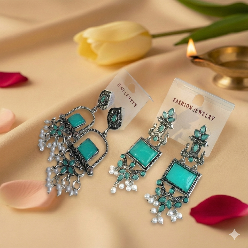 Combo of Oxidized Silver Peacock Dangler & Square Dangler Earrings – Rama Stone Set