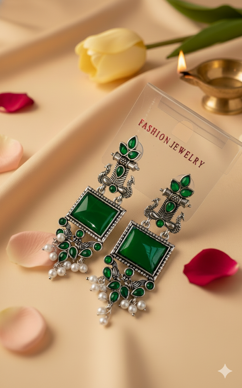 Combo of Oxidized Silver Peacock Dangler Earrings – Green Stone & Black Stone Set