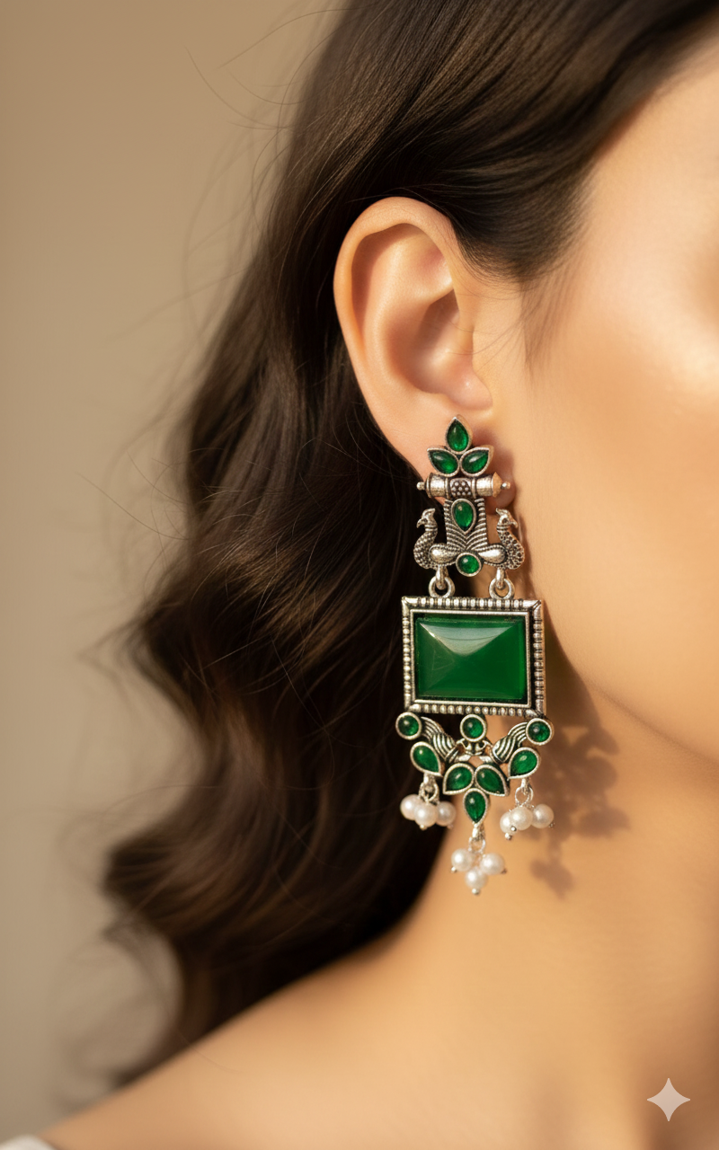 Combo of Oxidized Silver Peacock Dangler Earrings – Green Stone & Black Stone Set