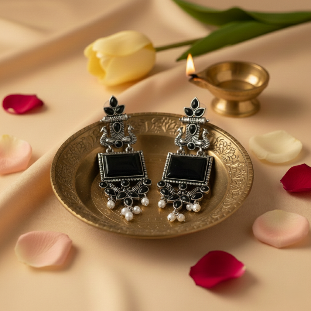 Oxidized Silver Peacock Dangler Earrings with Black Stone & Pearl Drops – Ethnic Party Wear Jewelry for Women