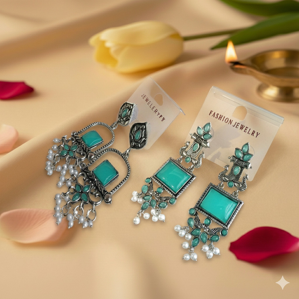Combo of Oxidized Silver Peacock Dangler & Square Dangler Earrings – Rama Stone Set