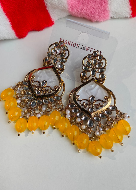 Elegant Yellow Colored Pearl Jhumki Earrings for Women & Girls – Traditional Oxidized Silver Ethnic Jewelry