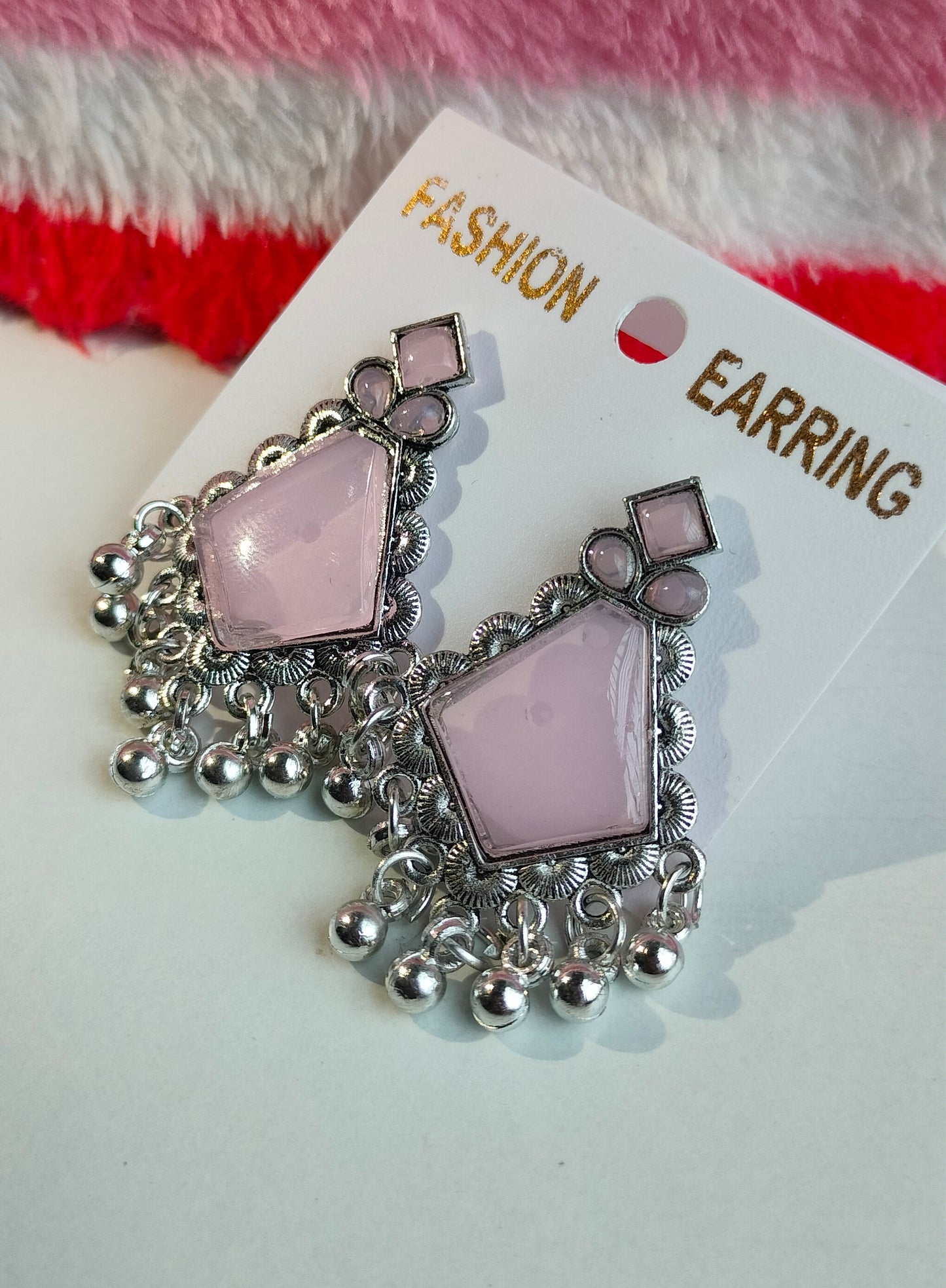 Oxidized Silver Hexagon Earrings with Light Pink Stone & Pearl Drops – Elegant Ethnic Jewelry for Women