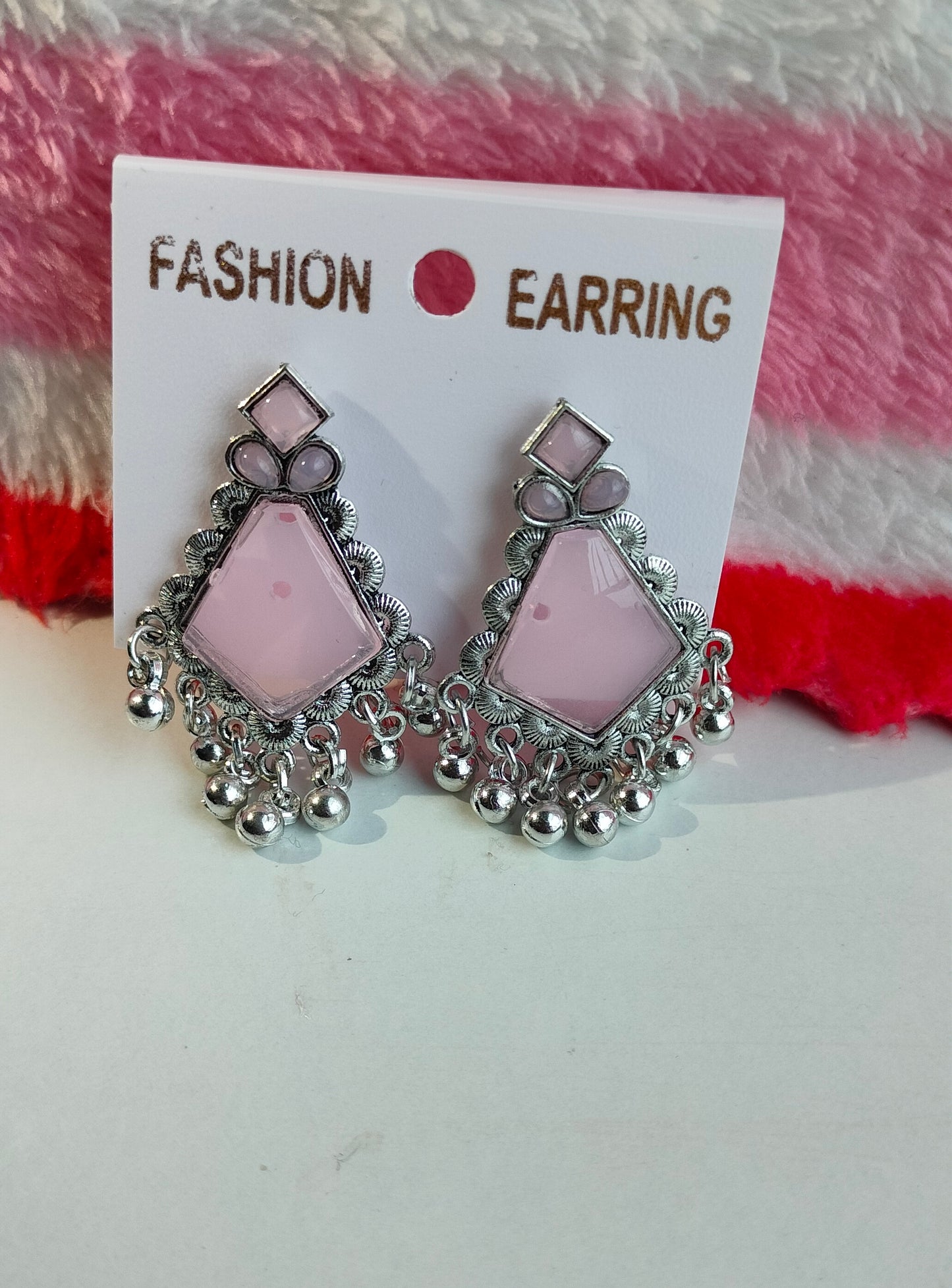 Oxidized Silver Hexagon Earrings with Light Pink Stone & Pearl Drops – Elegant Ethnic Jewelry for Women