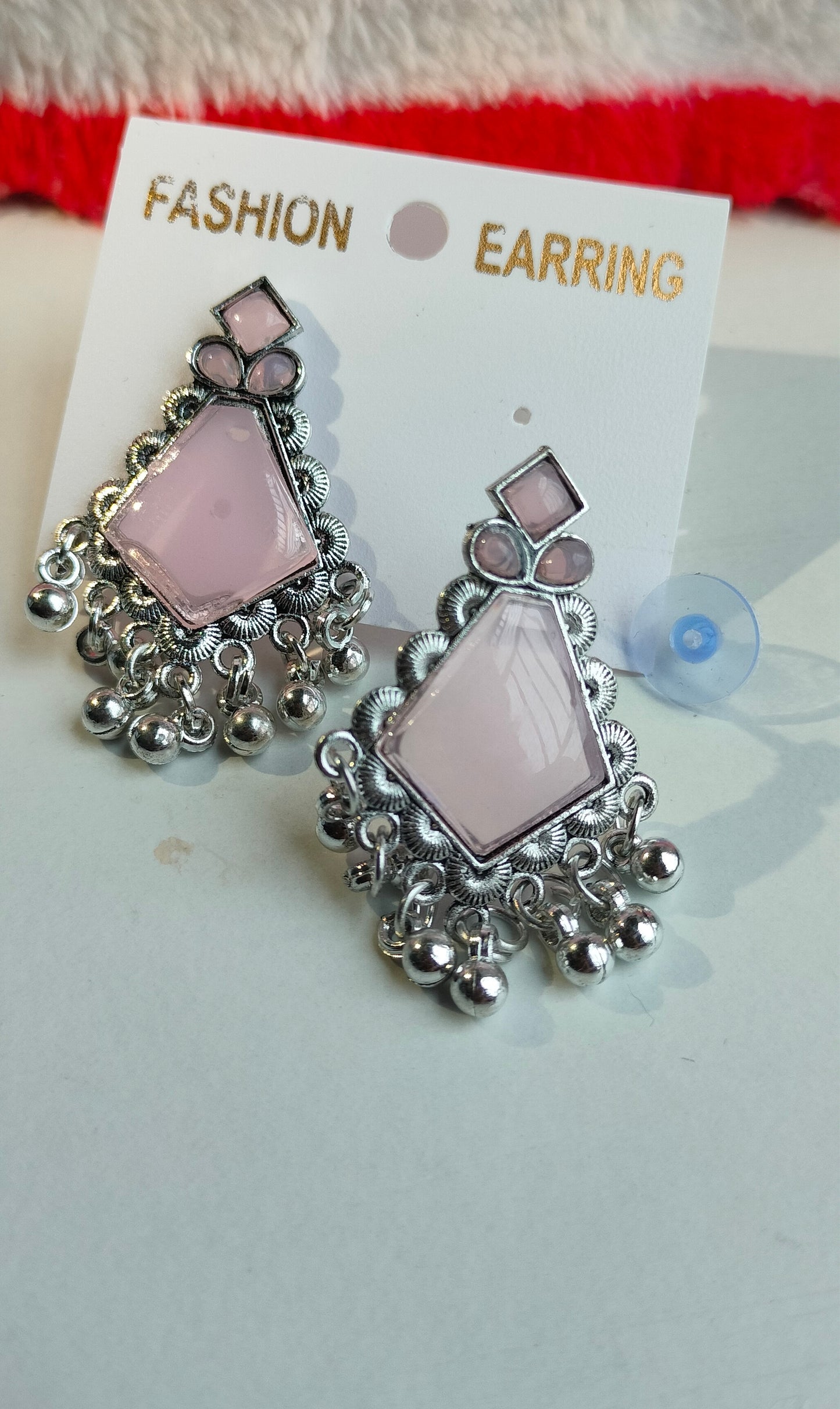 Oxidized Silver Hexagon Earrings with Light Pink Stone & Pearl Drops – Elegant Ethnic Jewelry for Women
