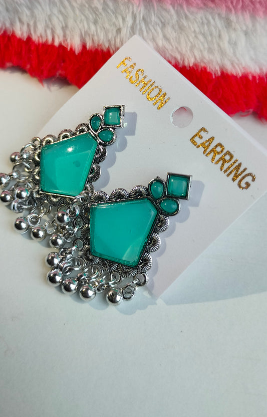 Oxidized Silver Hexagon Earrings with Rama Green Stone & Pearl Drops – Elegant Ethnic Jewelry for Women