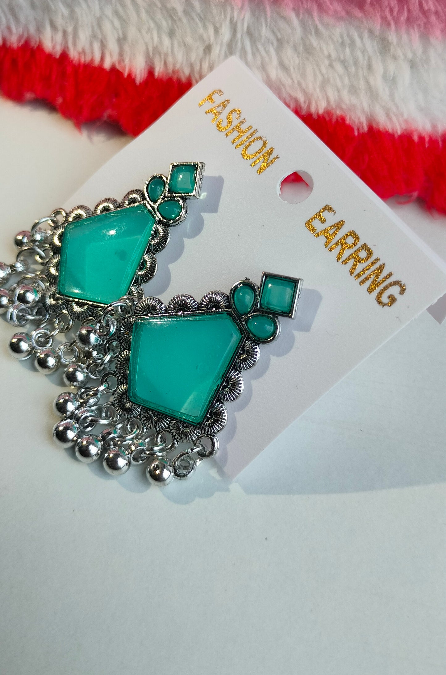 Oxidized Silver Hexagon Earrings with Rama Green Stone & Pearl Drops – Elegant Ethnic Jewelry for Women