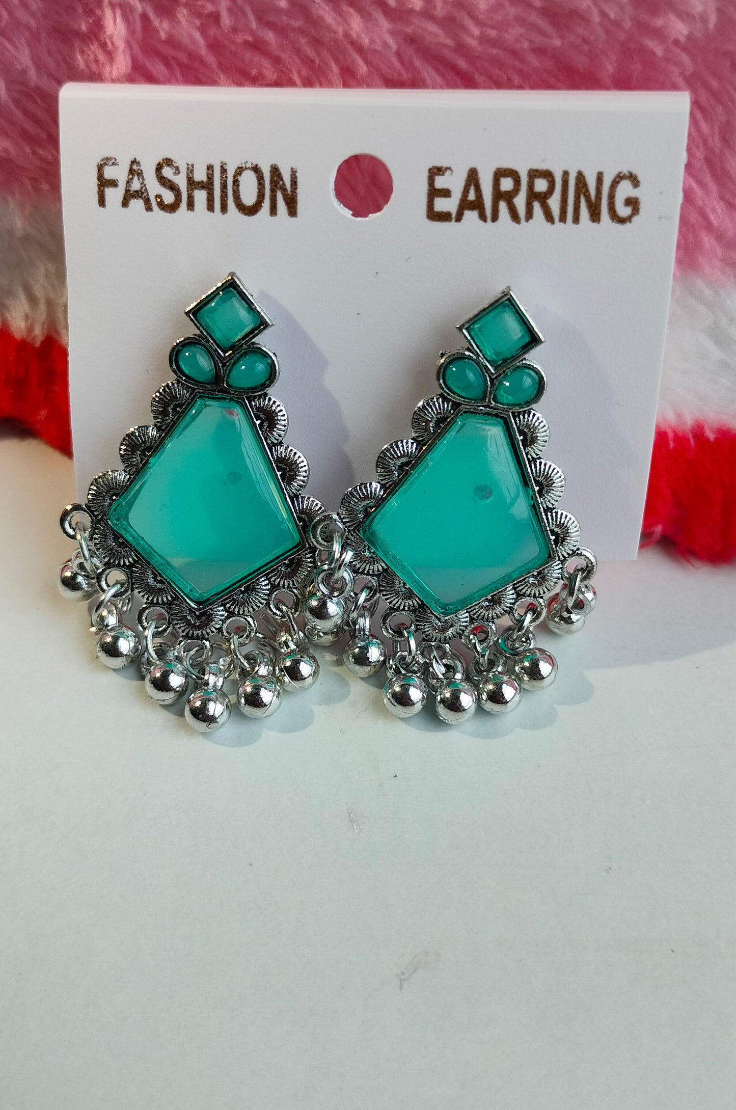 Oxidized Silver Hexagon Earrings with Rama Green Stone & Pearl Drops – Elegant Ethnic Jewelry for Women
