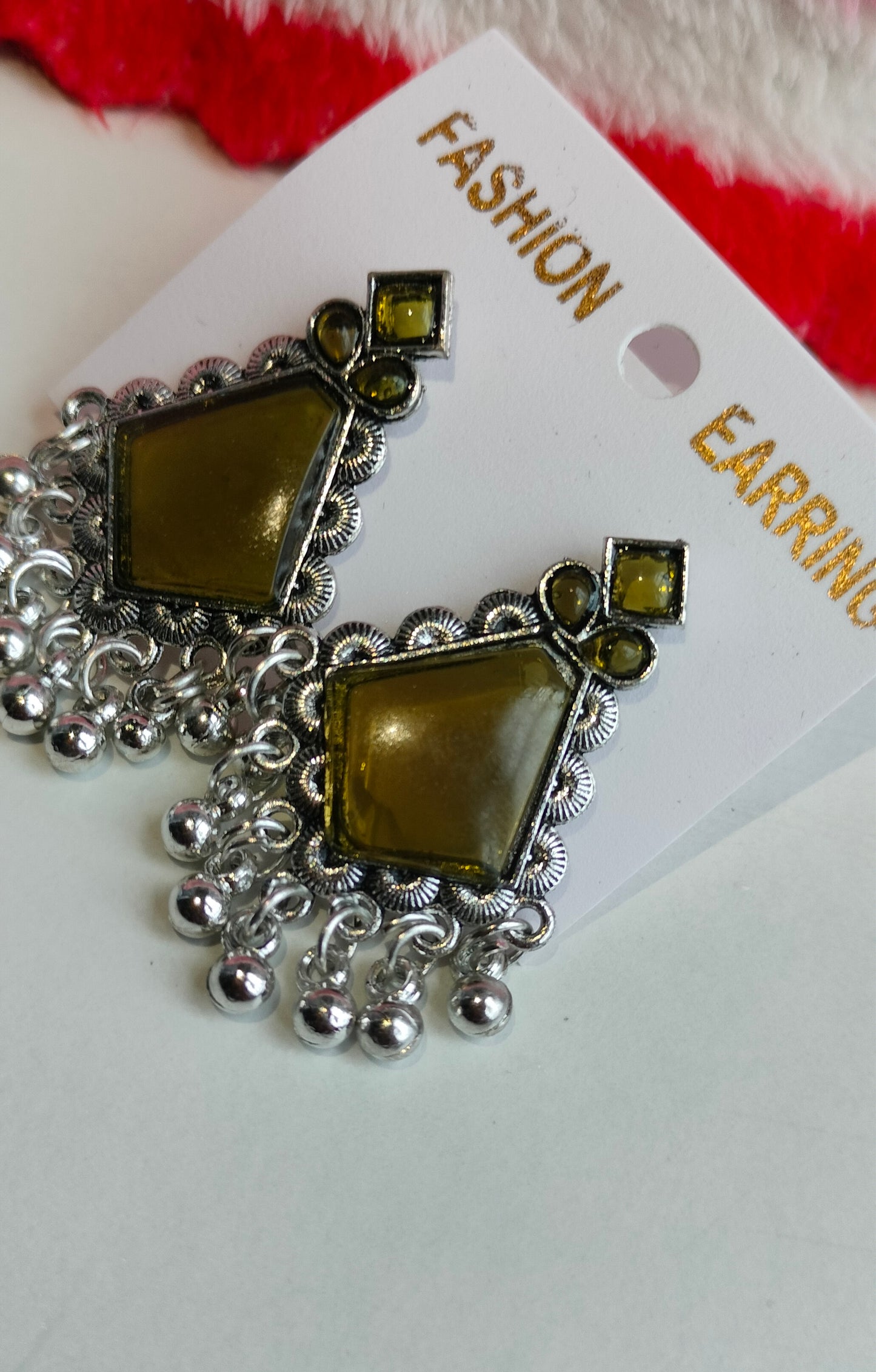 Oxidized Silver Hexagon Earrings with Mehendi Green Stone & Pearl Drops – Elegant Ethnic Jewelry for Women