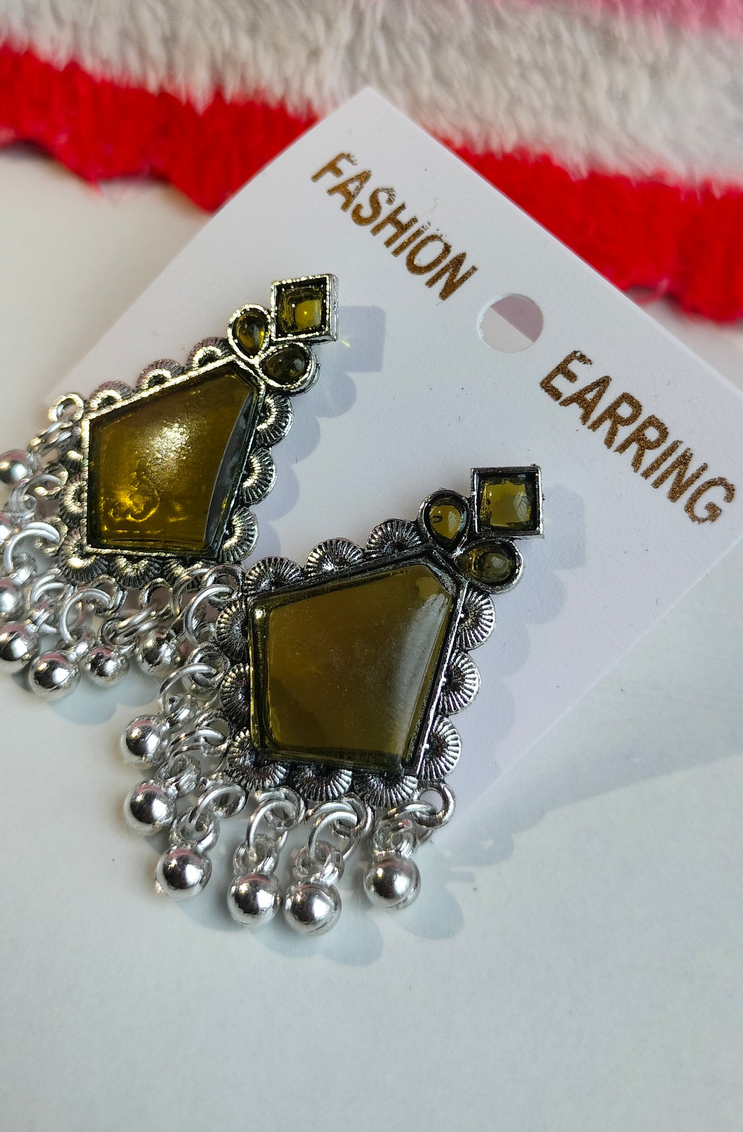 Oxidized Silver Hexagon Earrings with Mehendi Green Stone & Pearl Drops – Elegant Ethnic Jewelry for Women