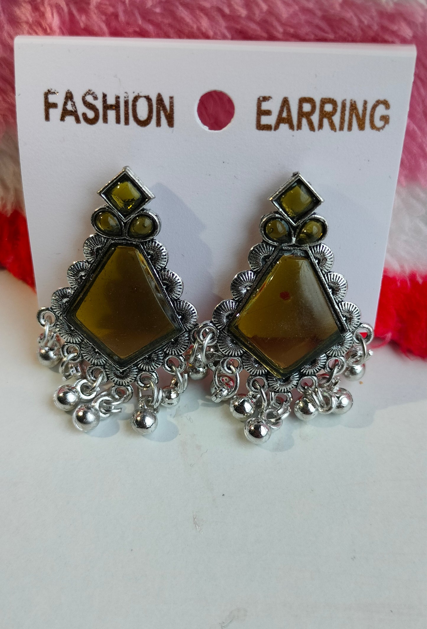 Oxidized Silver Hexagon Earrings with Mehendi Green Stone & Pearl Drops – Elegant Ethnic Jewelry for Women