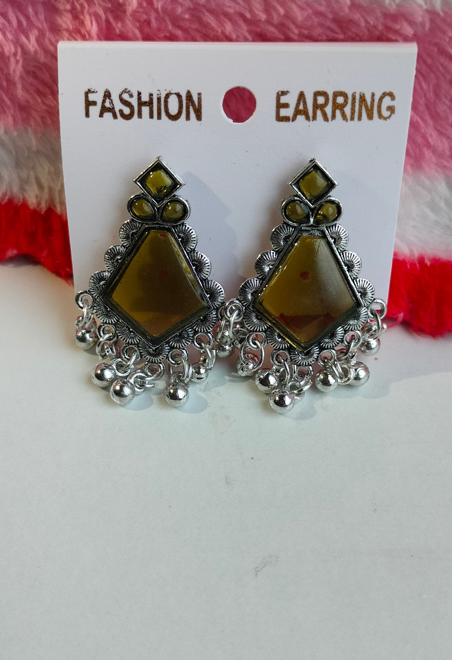 Oxidized Silver Hexagon Earrings with Mehendi Green Stone & Pearl Drops – Elegant Ethnic Jewelry for Women