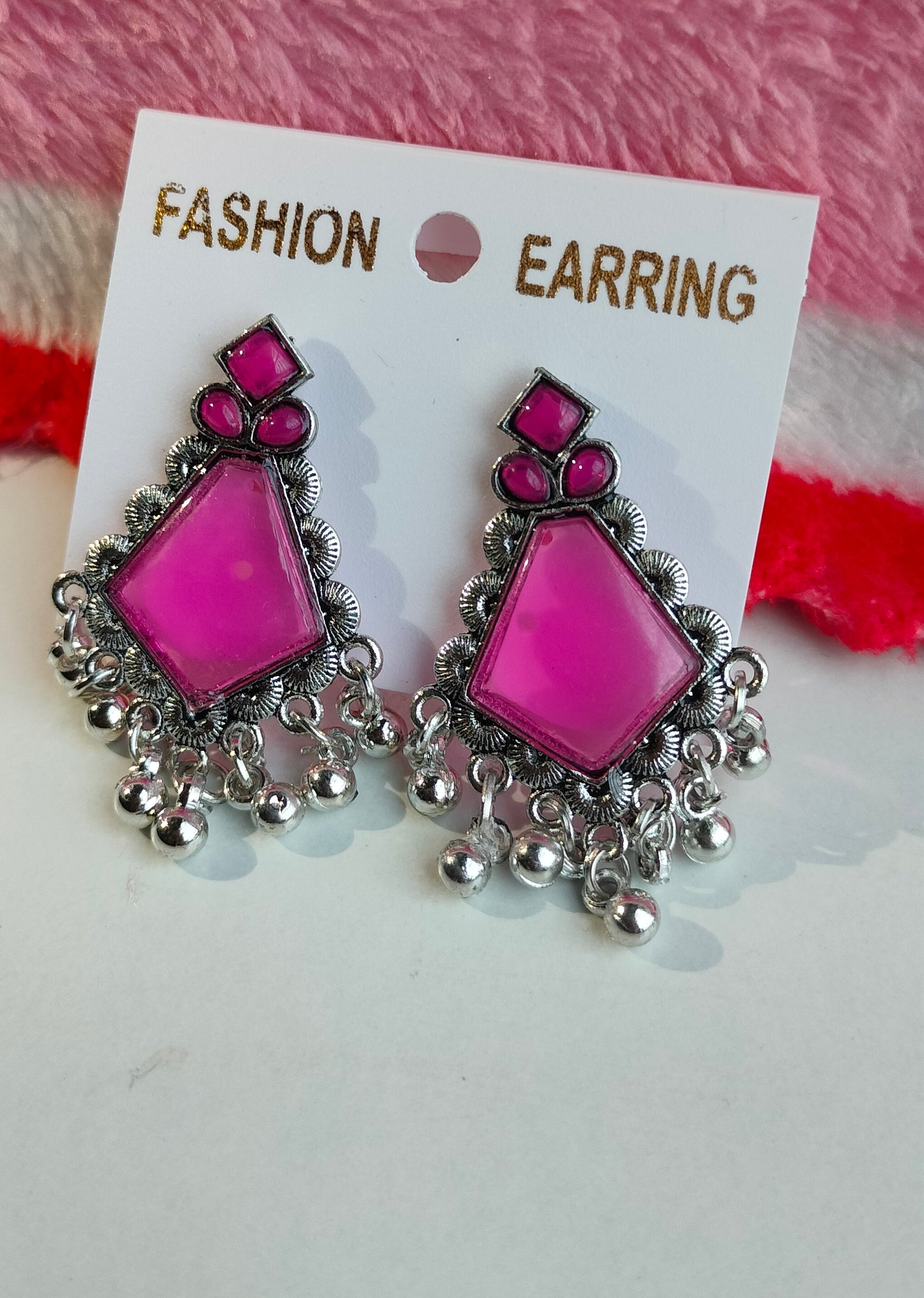 Oxidized Silver Hexagon Earrings with Rani Pink Stone & Pearl Drops – Elegant Ethnic Jewelry for Women
