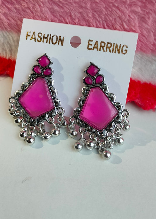Oxidized Silver Hexagon Earrings with Rani Pink Stone & Pearl Drops – Elegant Ethnic Jewelry for Women