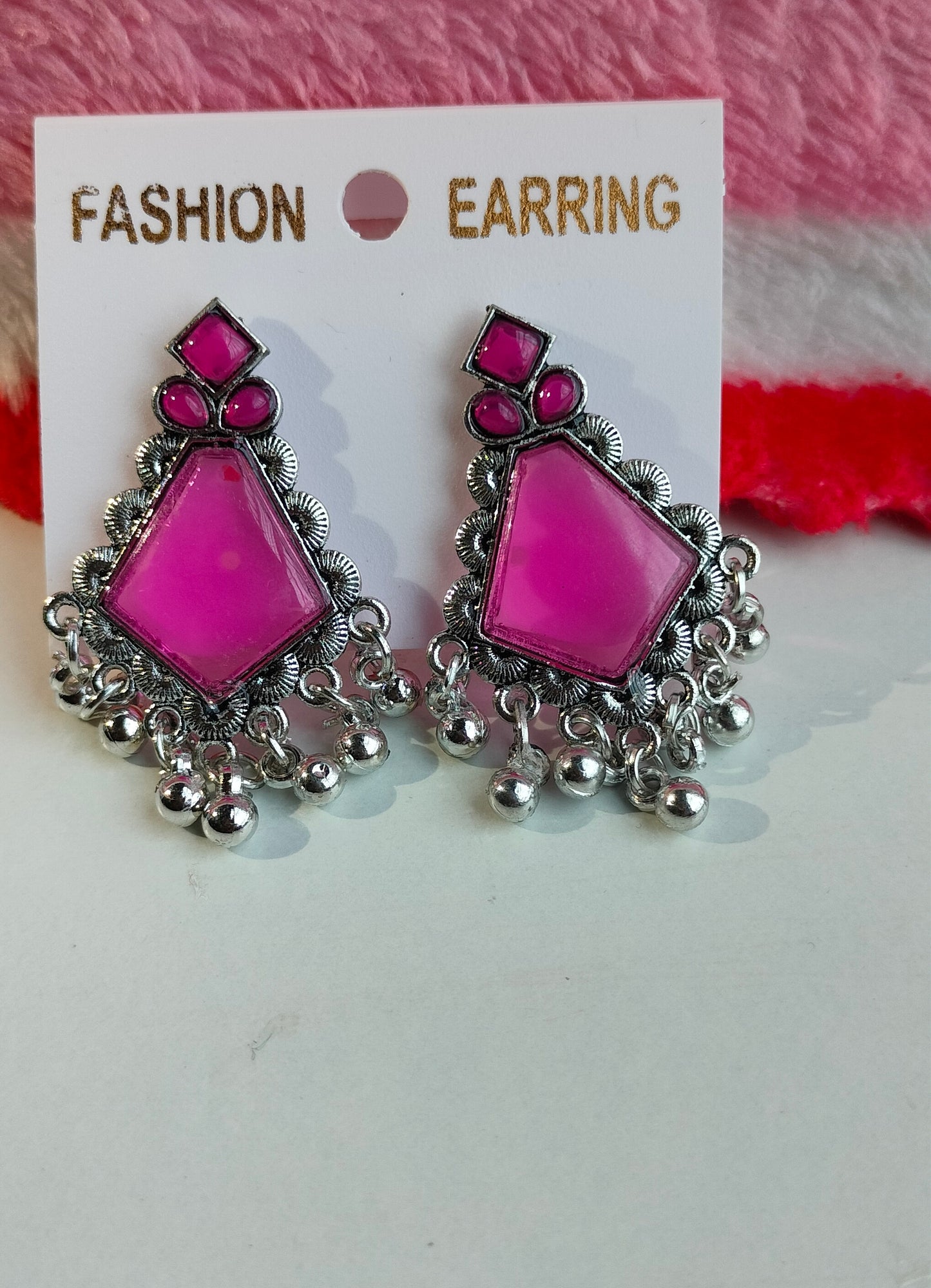Oxidized Silver Hexagon Earrings with Rani Pink Stone & Pearl Drops – Elegant Ethnic Jewelry for Women