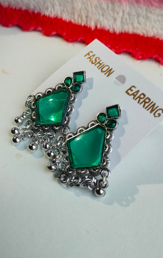 Oxidized Silver Hexagon Earrings with Green Stone & Pearl Drops – Elegant Ethnic Jewelry for Women
