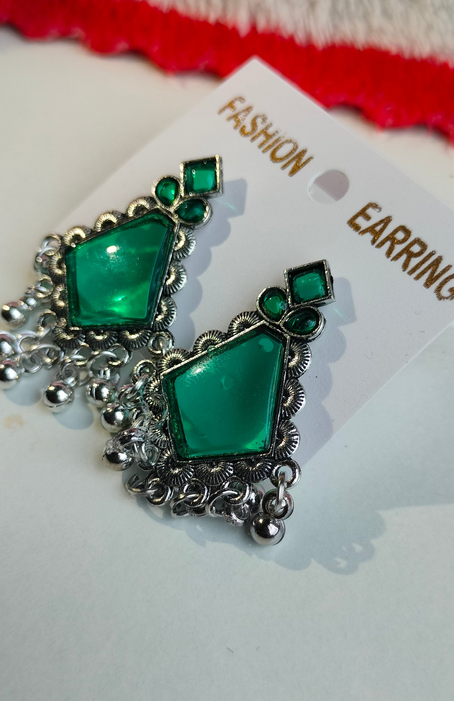 Oxidized Silver Hexagon Earrings with Green Stone & Pearl Drops – Elegant Ethnic Jewelry for Women