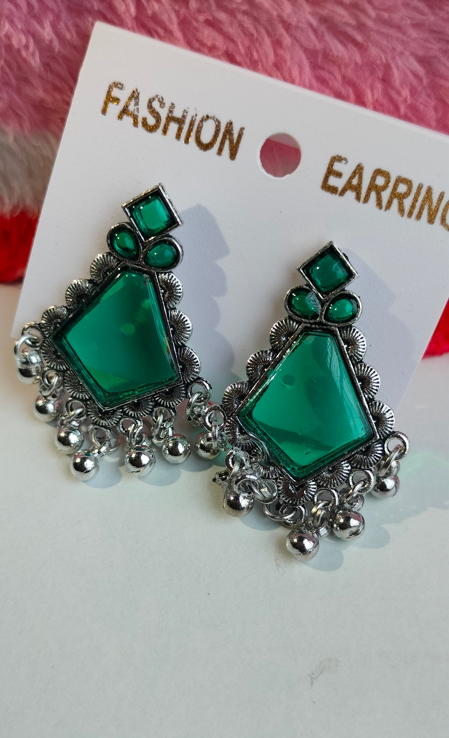 Oxidized Silver Hexagon Earrings with Green Stone & Pearl Drops – Elegant Ethnic Jewelry for Women