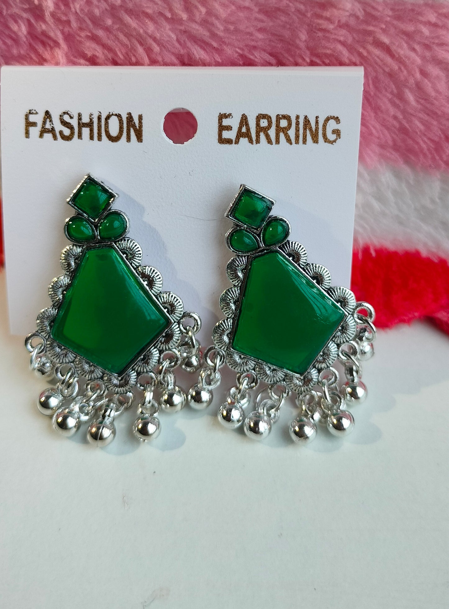 Oxidized Silver Hexagon Earrings with Green Stone & Pearl Drops – Elegant Ethnic Jewelry for Women