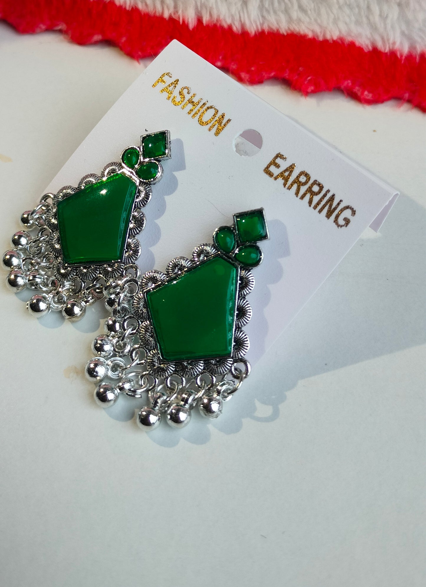 Oxidized Silver Hexagon Earrings with Green Stone & Pearl Drops – Elegant Ethnic Jewelry for Women