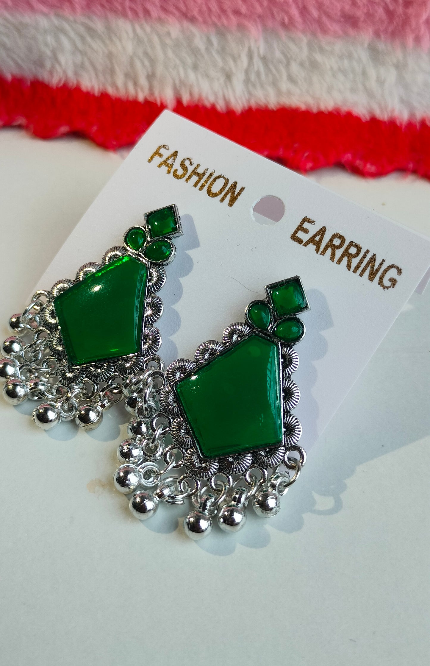 Oxidized Silver Hexagon Earrings with Green Stone & Pearl Drops – Elegant Ethnic Jewelry for Women