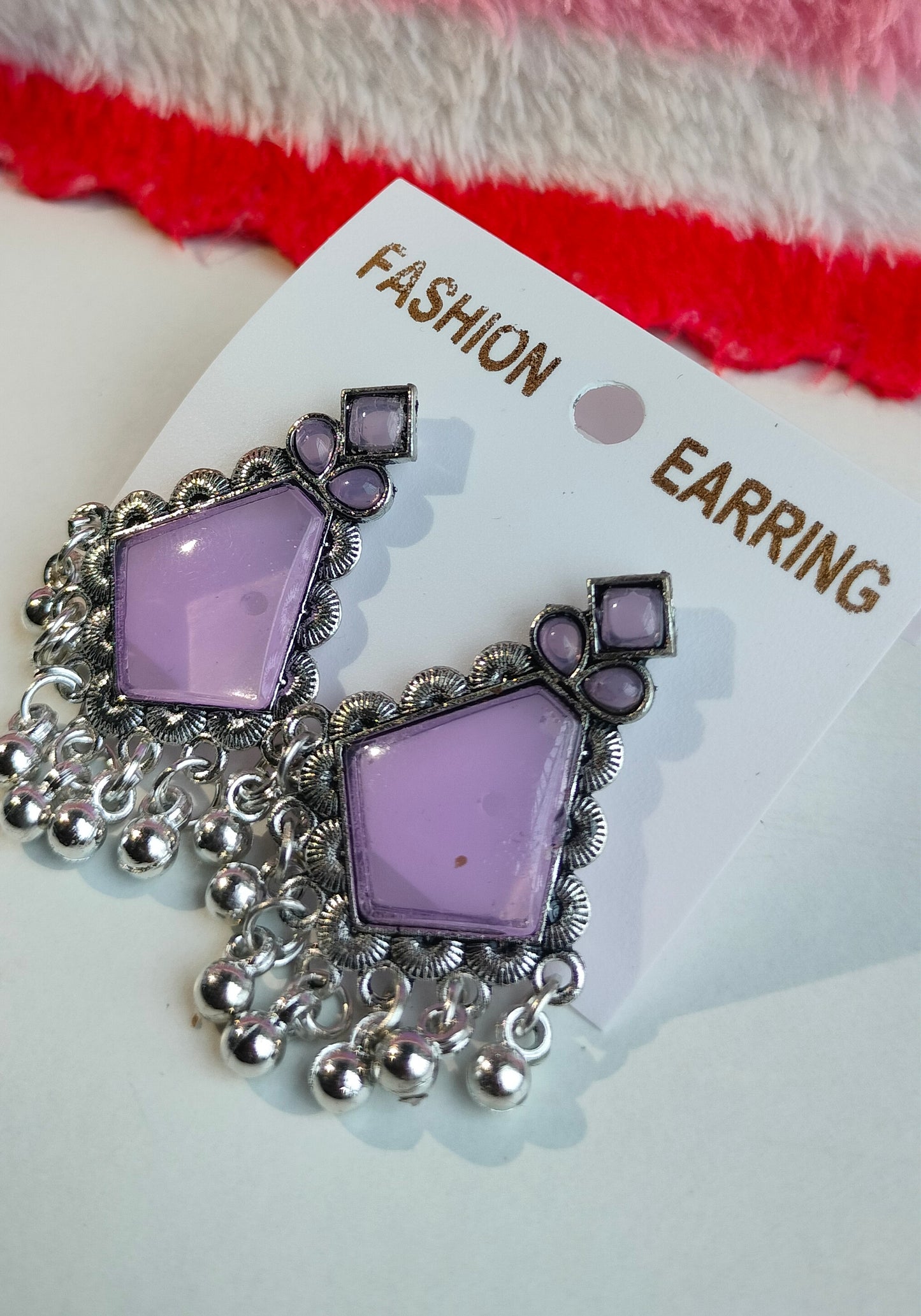 Oxidized Silver Hexagon Earrings with Purple Stone & Pearl Drops – Elegant Ethnic Jewelry for Women