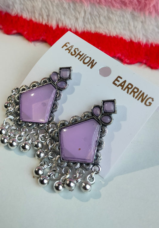 Oxidized Silver Hexagon Earrings with Purple Stone & Pearl Drops – Elegant Ethnic Jewelry for Women