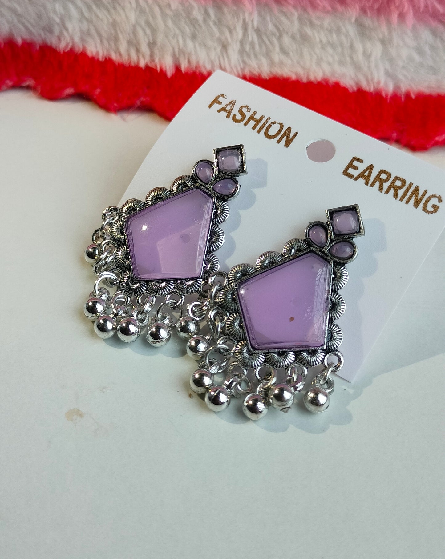 Oxidized Silver Hexagon Earrings with Purple Stone & Pearl Drops – Elegant Ethnic Jewelry for Women