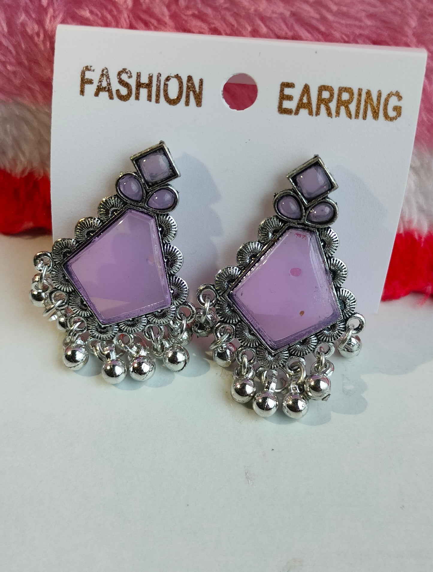 Oxidized Silver Hexagon Earrings with Purple Stone & Pearl Drops – Elegant Ethnic Jewelry for Women