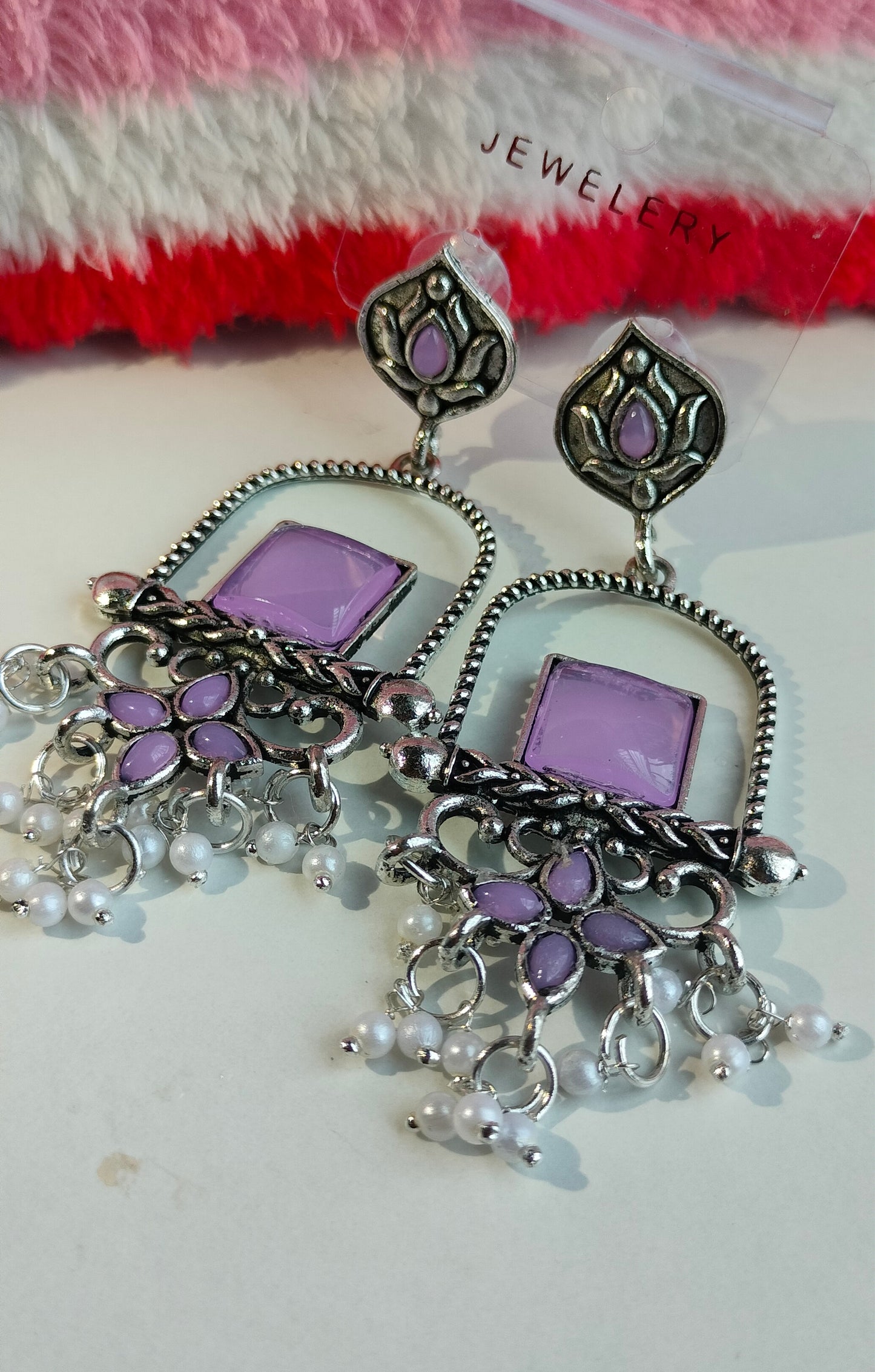 Oxidised Silver Purple Square Dangler Earrings with Pearl Drops – Party Wear Jewelry for Women & Girls