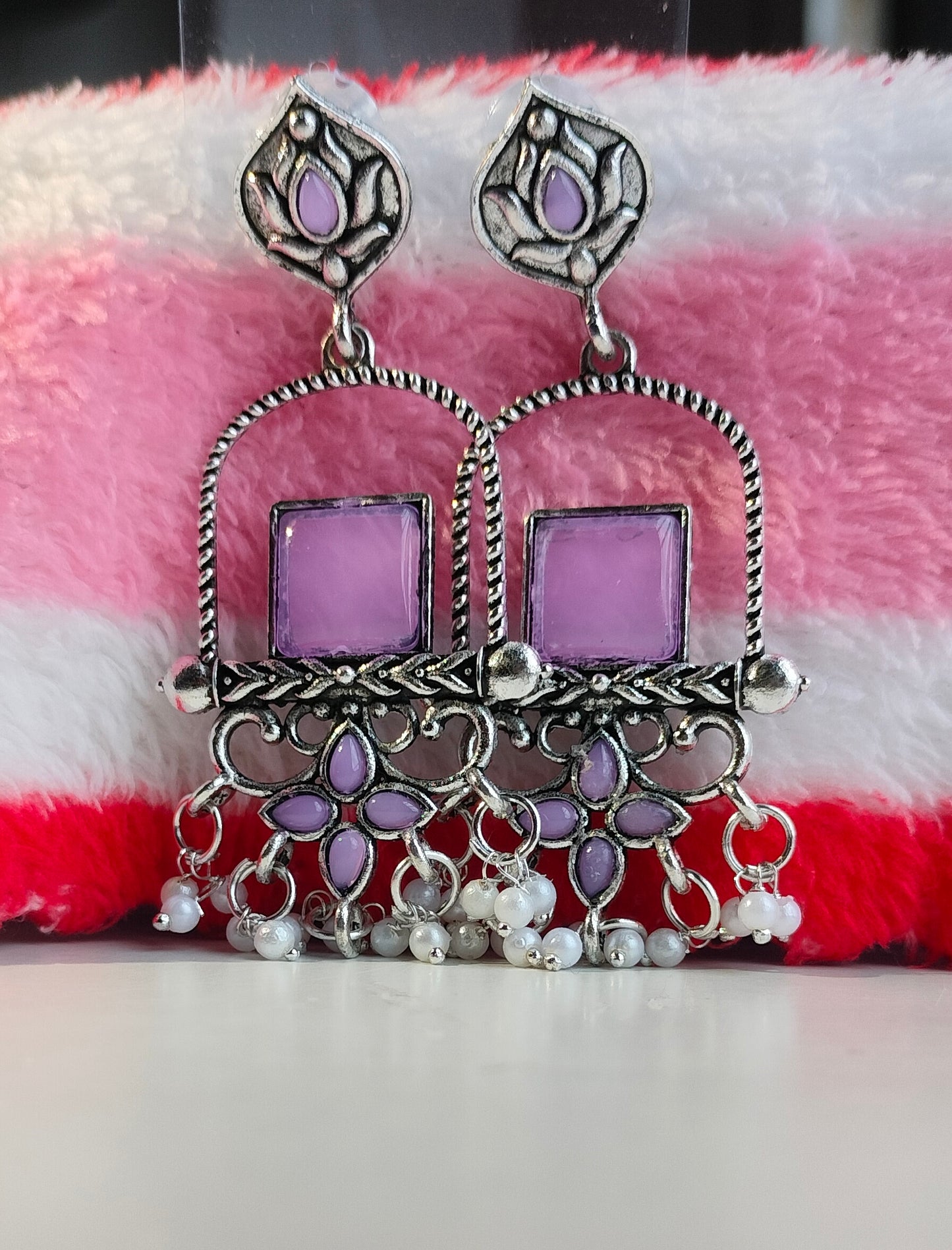 Oxidised Silver Purple Square Dangler Earrings with Pearl Drops – Party Wear Jewelry for Women & Girls