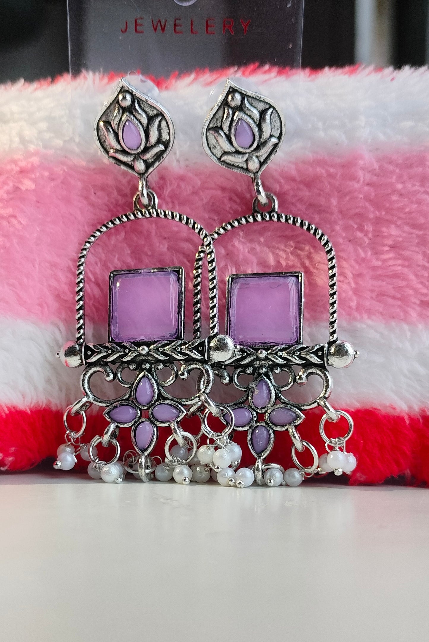 Oxidised Silver Purple Square Dangler Earrings with Pearl Drops – Party Wear Jewelry for Women & Girls