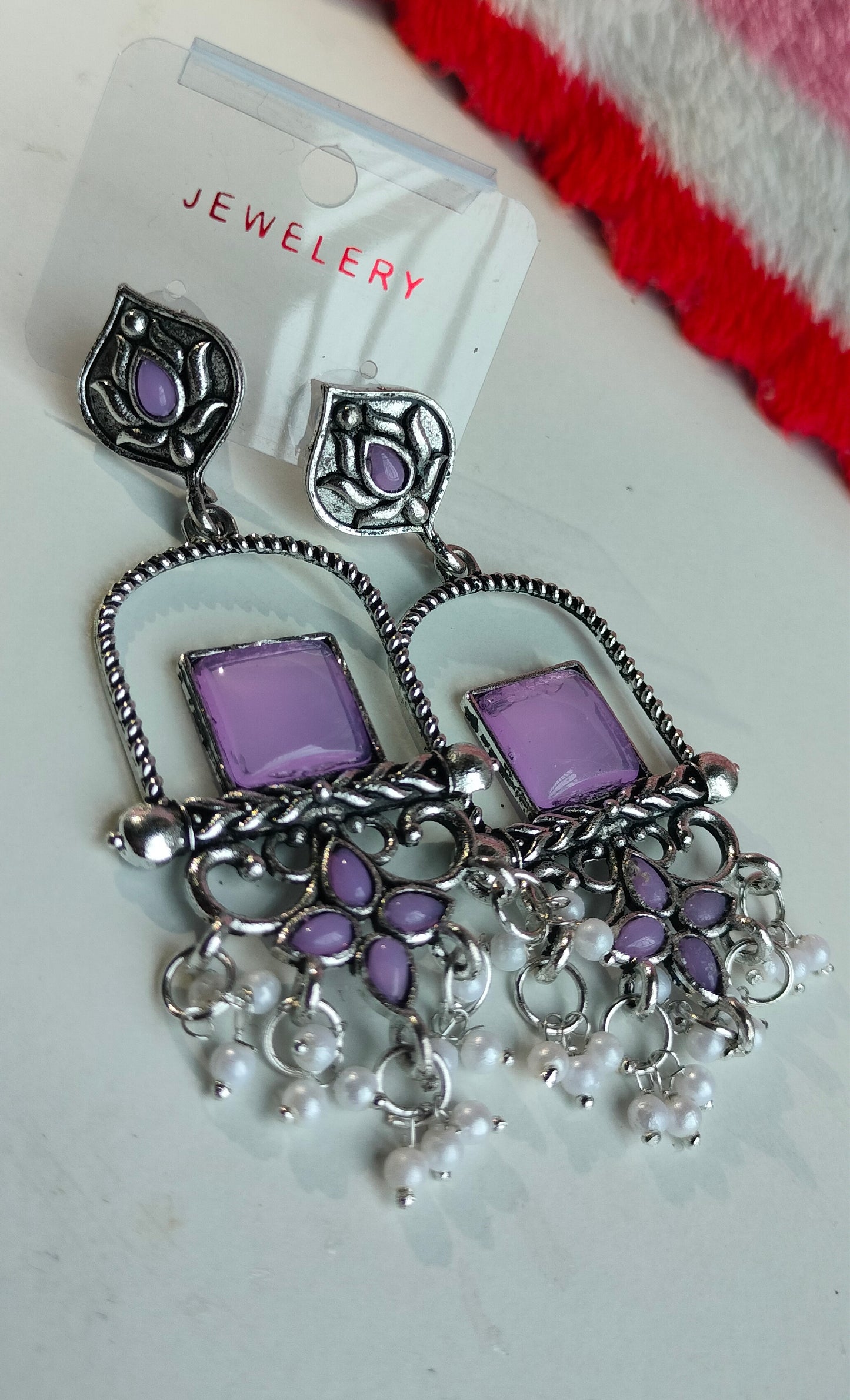 Oxidised Silver Purple Square Dangler Earrings with Pearl Drops – Party Wear Jewelry for Women & Girls
