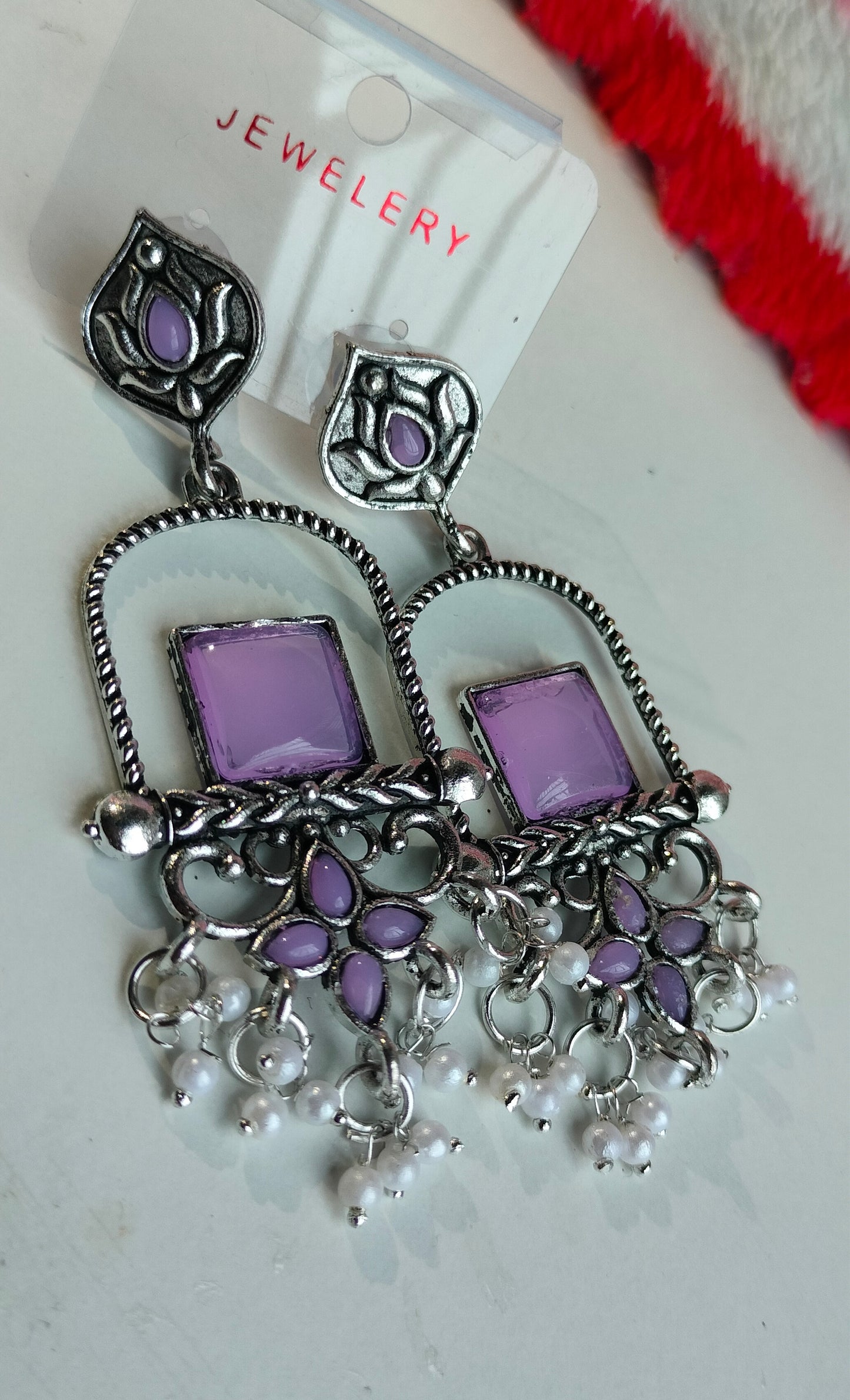 Oxidised Silver Purple Square Dangler Earrings with Pearl Drops – Party Wear Jewelry for Women & Girls