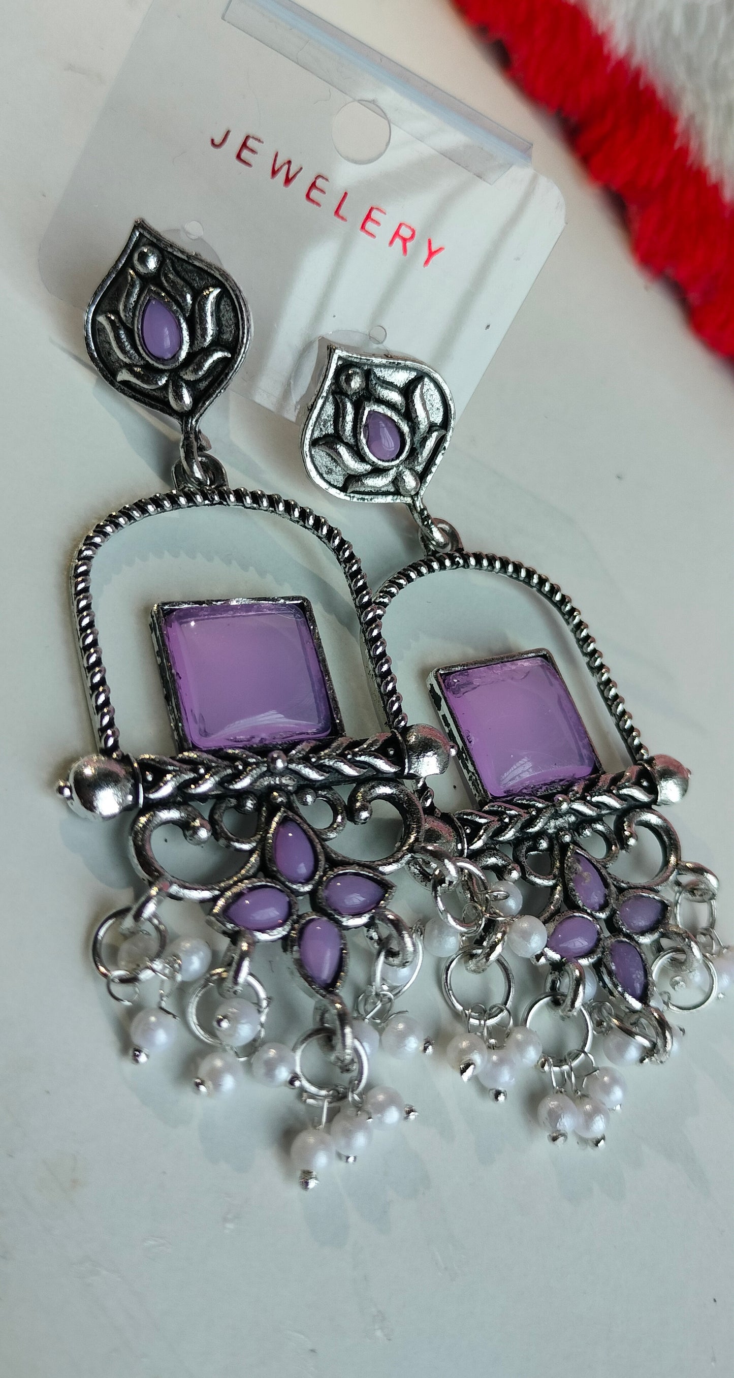 Oxidised Silver Purple Square Dangler Earrings with Pearl Drops – Party Wear Jewelry for Women & Girls