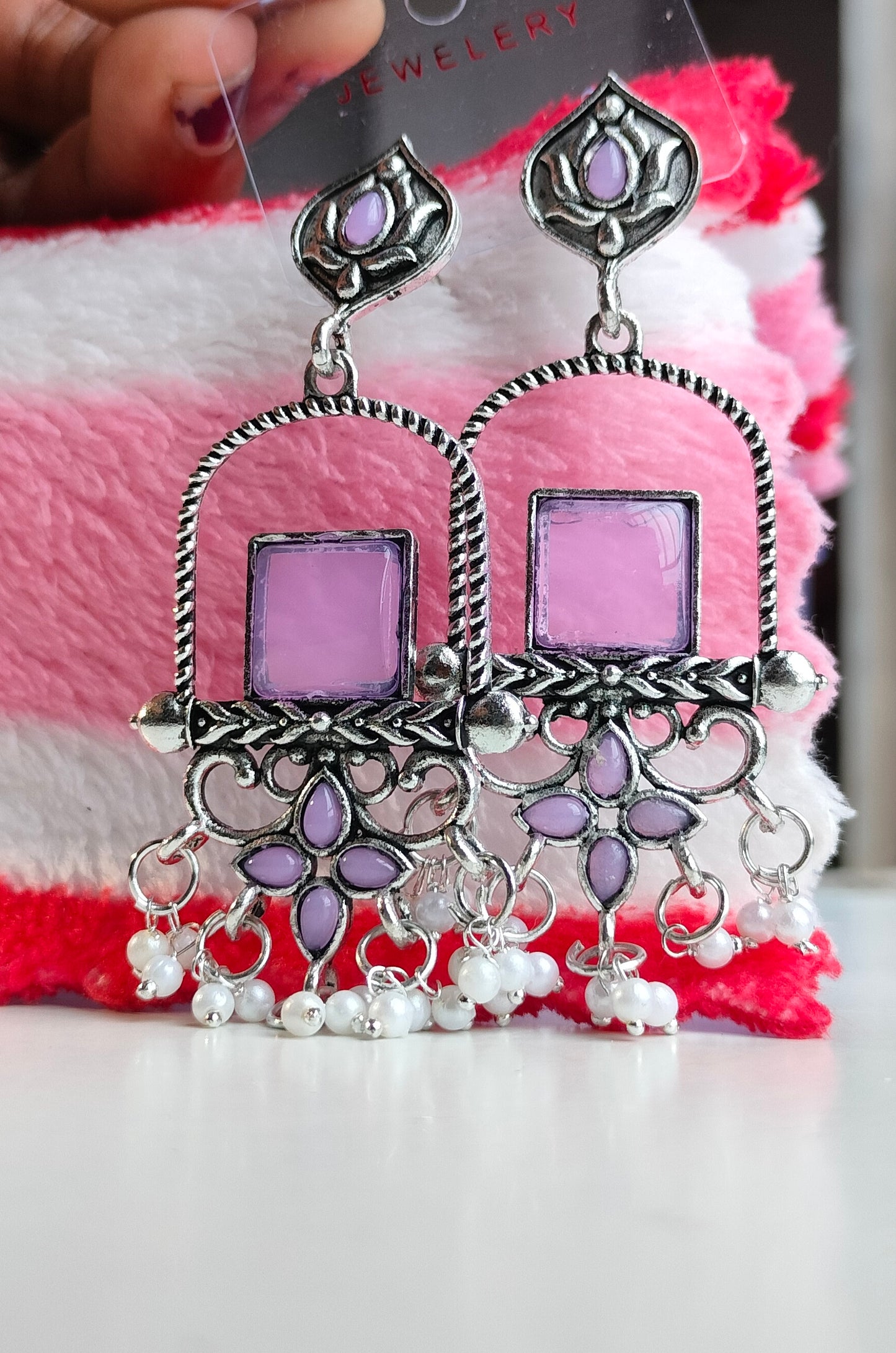Oxidised Silver Purple Square Dangler Earrings with Pearl Drops – Party Wear Jewelry for Women & Girls