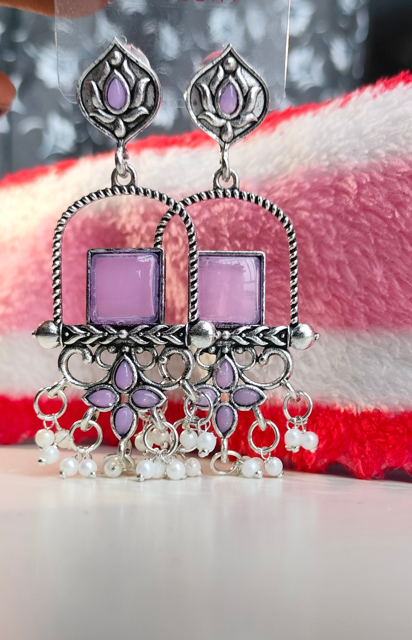 Oxidised Silver Purple Square Dangler Earrings with Pearl Drops – Party Wear Jewelry for Women & Girls