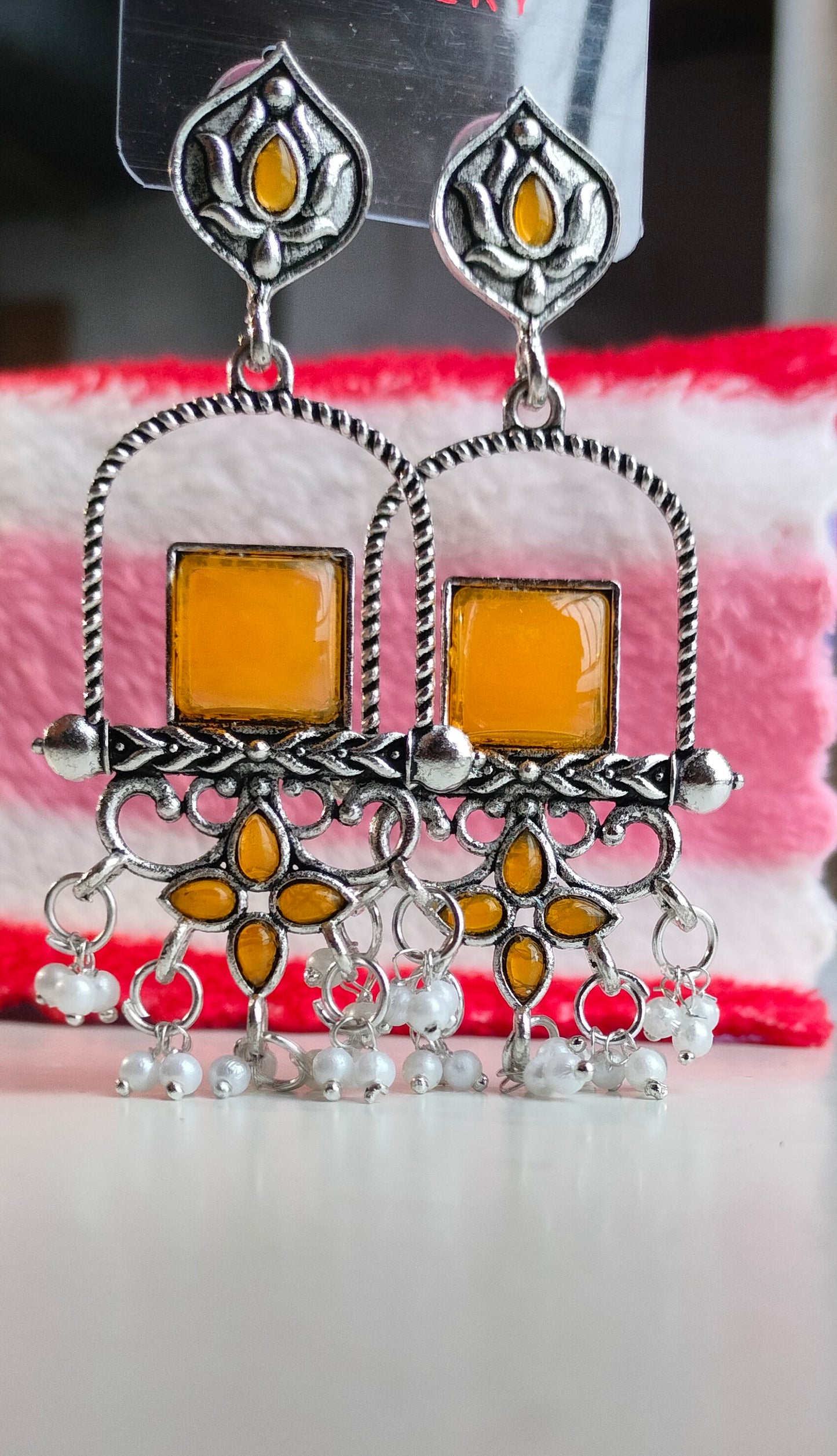 Oxidised Silver Yellow Square Dangler Earrings with Pearl Drops – Party Wear Jewelry for Women & Girls