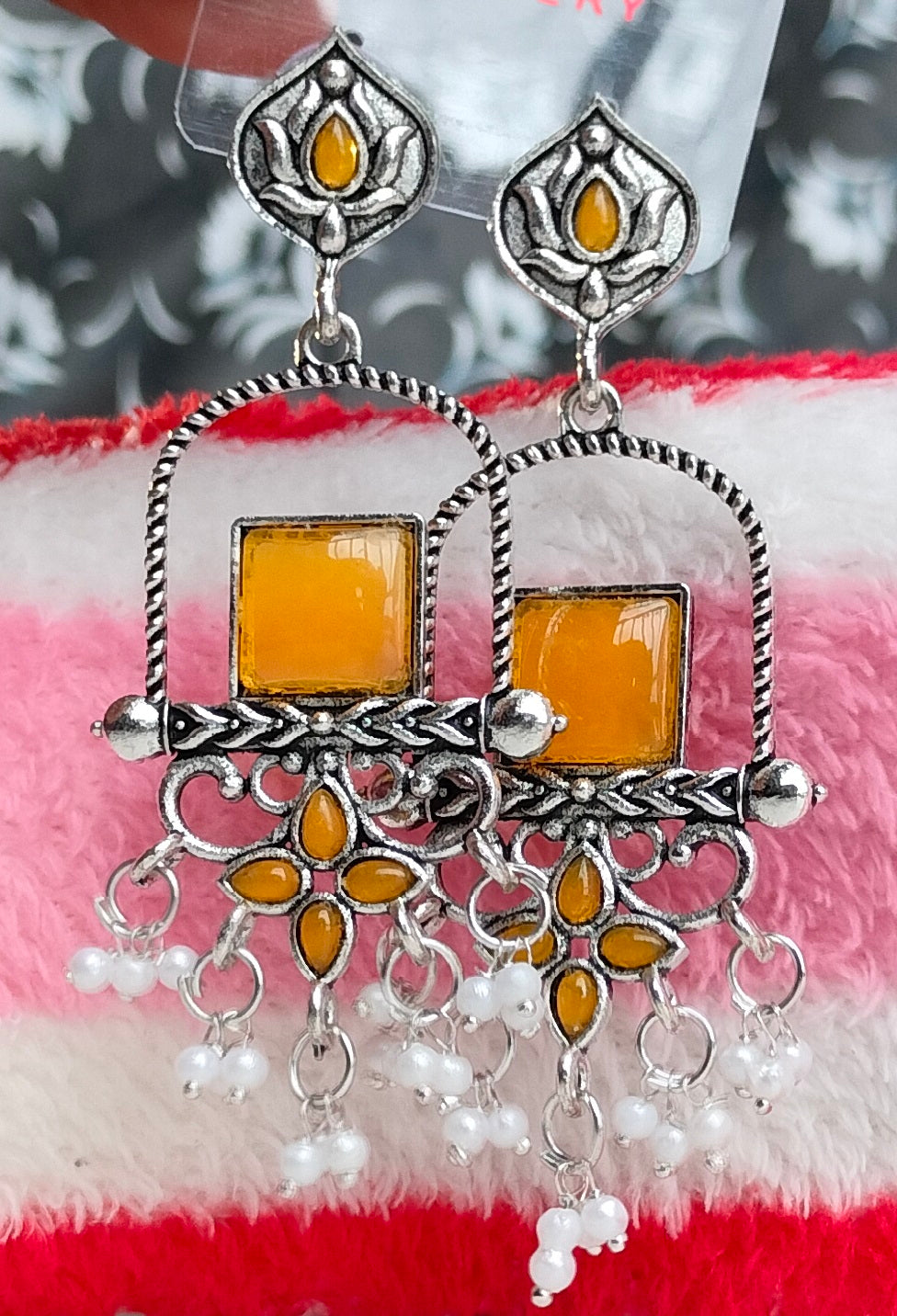 Oxidised Silver Yellow Square Dangler Earrings with Pearl Drops – Party Wear Jewelry for Women & Girls