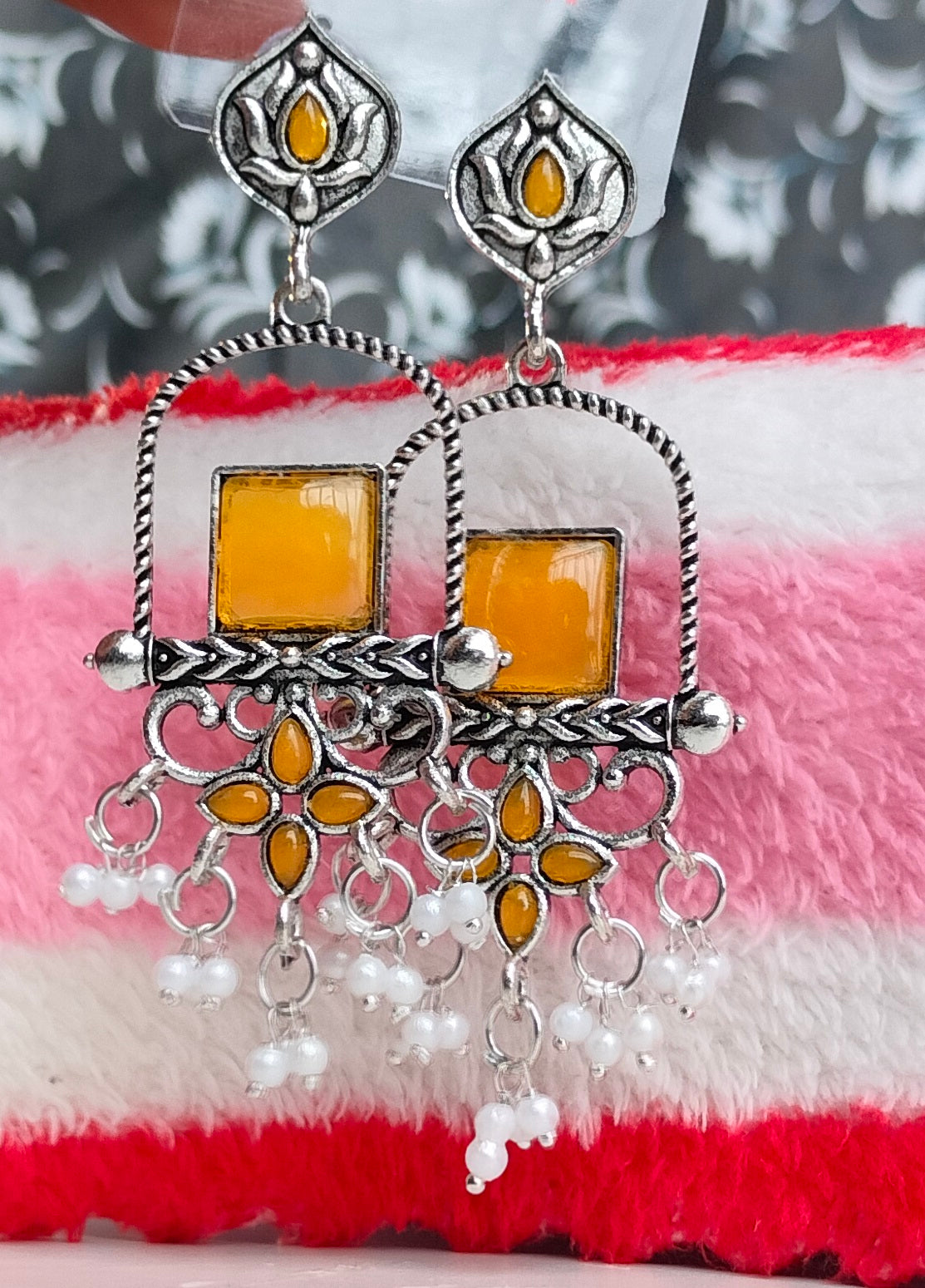 Oxidised Silver Yellow Square Dangler Earrings with Pearl Drops – Party Wear Jewelry for Women & Girls