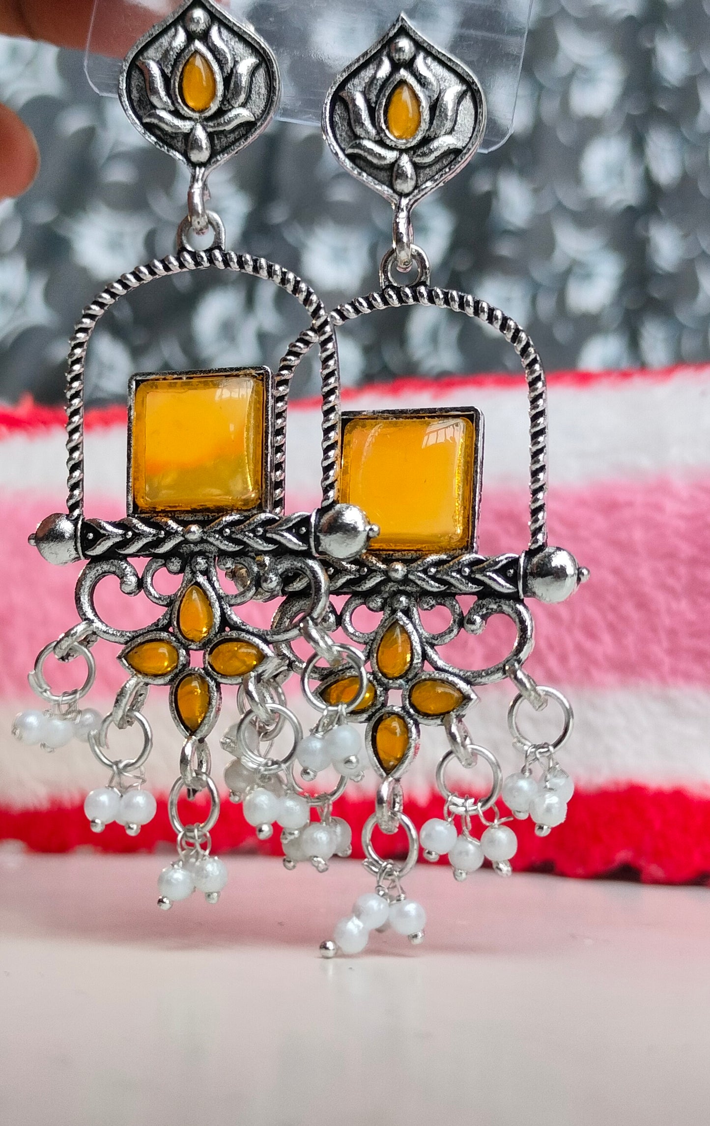 Oxidised Silver Yellow Square Dangler Earrings with Pearl Drops – Party Wear Jewelry for Women & Girls