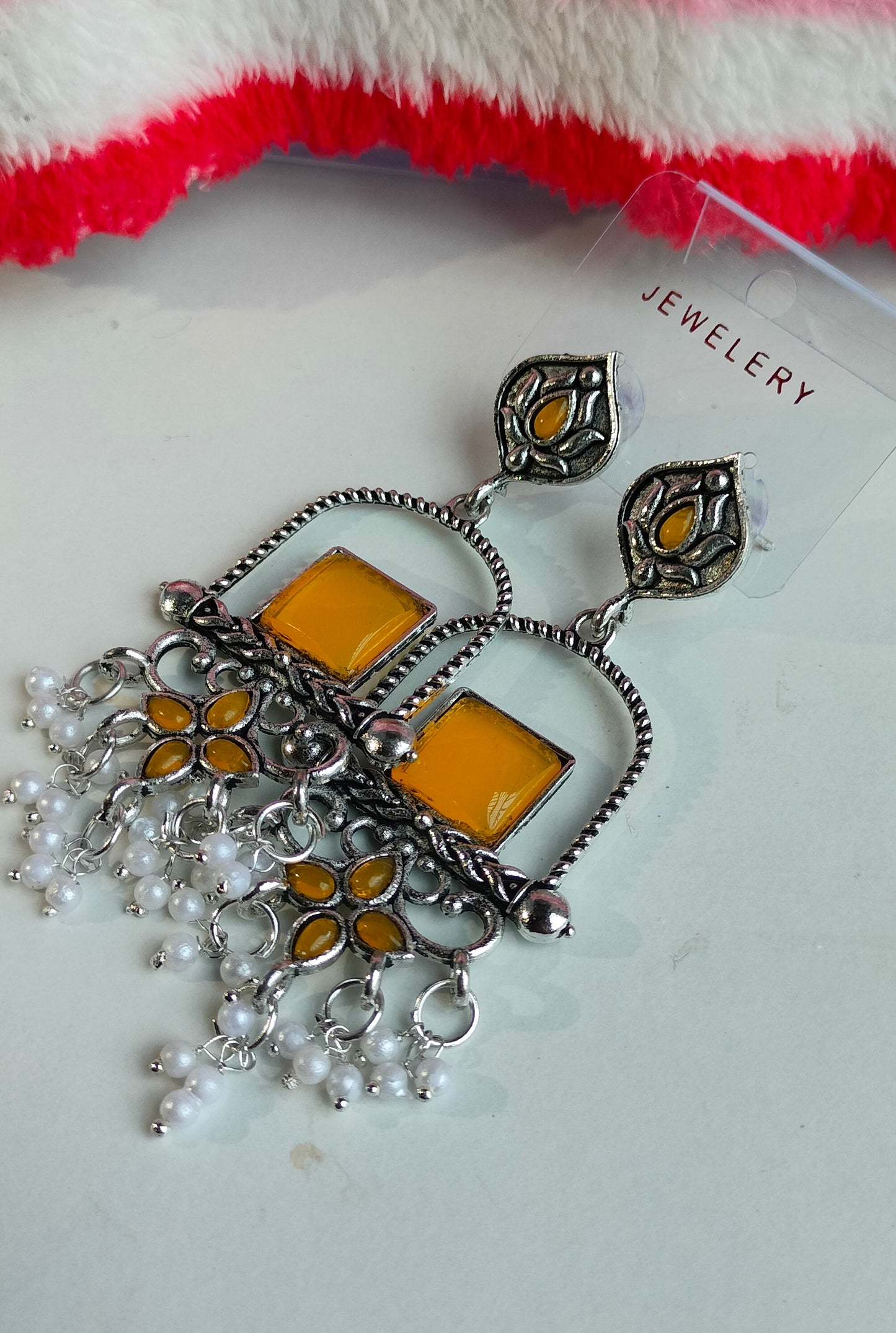 Oxidised Silver Yellow Square Dangler Earrings with Pearl Drops – Party Wear Jewelry for Women & Girls