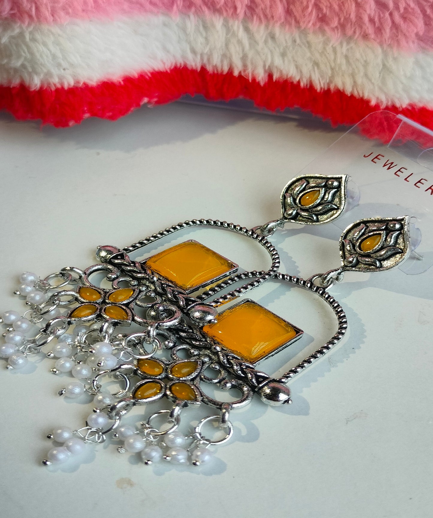 Oxidised Silver Yellow Square Dangler Earrings with Pearl Drops – Party Wear Jewelry for Women & Girls