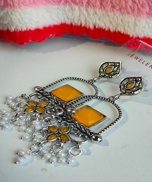 Oxidised Silver Yellow Square Dangler Earrings with Pearl Drops – Party Wear Jewelry for Women & Girls