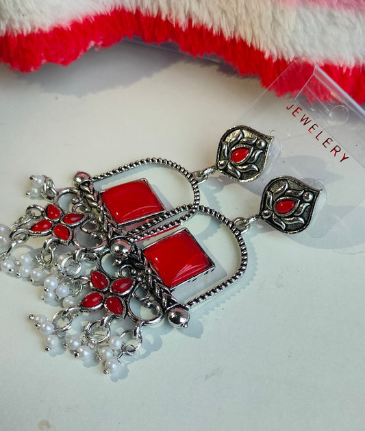Oxidised Silver Red Square Dangler Earrings with Pearl Drops – Party Wear Jewelry for Women & Girls